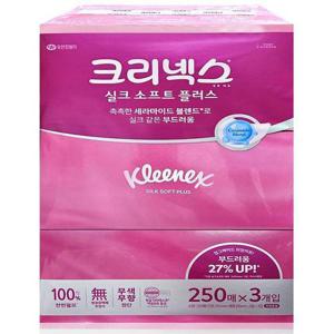 크리넥스 각티슈 실크소프트 미용티슈 250매 3개입 곽티슈 곽휴지 사각티슈