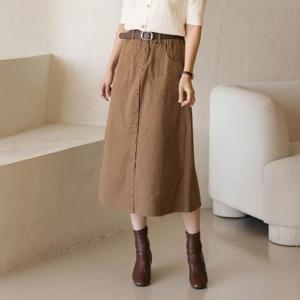 [옷자락]여자 단추 드뮤어룩 FW 벨트치마 에이라인 롱스커트