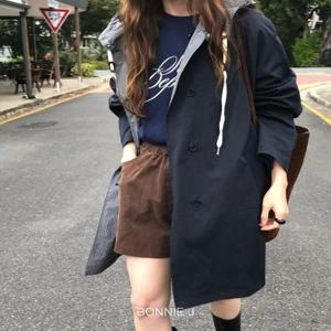 [보니제이][보니제이] 여성 배색 후드 싱글 트렌치 코트 투웨이