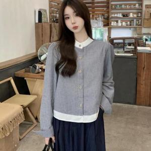 여자 가을 오피스 배색 반목 그레이 블라우스