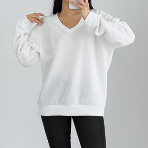 [리빌모아]여자 가을 무지 리브드 골지 브이넥 맨투맨 5CW-TSA-Q113-흰색