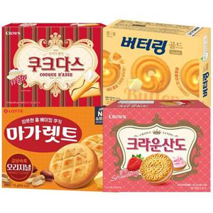 인기과자 4종 버터링194g+쿠크다스화이트289g+마가렛트176g+크라운산도323g