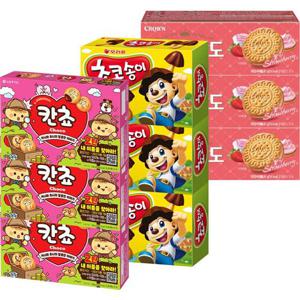 인기과자 3종 총9개(칸쵸3개+초코송이3개+크라운산도딸기3개)