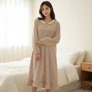 바풀 MJ CZ 187287 순면 여성 잠옷 아사면 원피스 실내복 드레스 긴팔