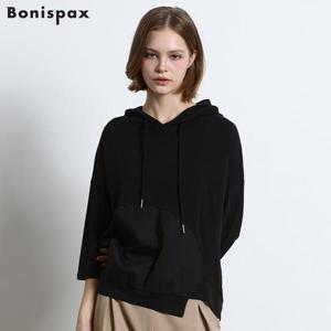 [보니스팍스(Bonispax)] 언밸런스 절개 배색 후드 7부 맨투맨 (택가격 99000원)