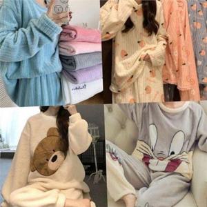 여성 극세사 잠옷 여성 수면 잠옷 빅사이즈 부드러운 따뜻한 겨울 상하복 데일리