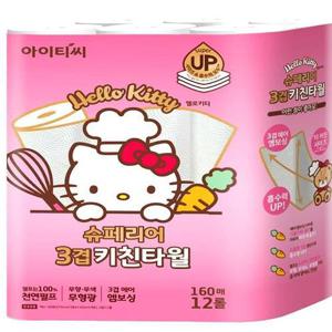 헬로키티 키친타올 슈페리어 3겹 160매12롤 업소용 두꺼운 대용량(SH)