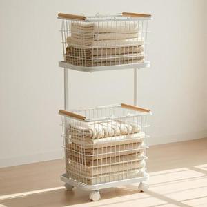 이지라이프 이동식 2단 스퀘어 철제 빨래바구니 화이트