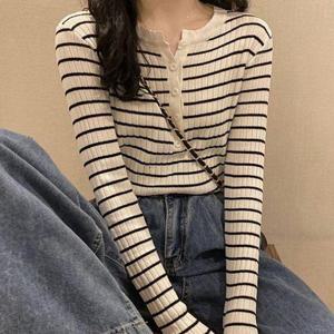 여자 골지 스트라이프 긴팔 티셔츠 가을 데일리 코디 기본티