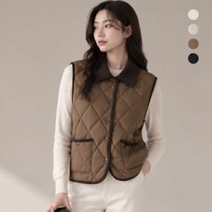 여성 코듀로이 카라 배색 다이아 퀼팅 경량 조끼 D26V410