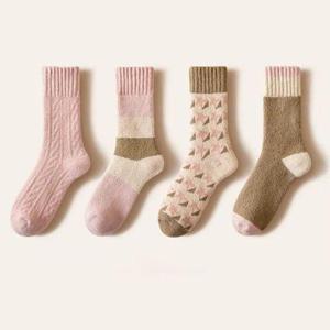 [삭스팡]여성용 핑크 브라운 패턴 보온 쿠션 중목 양말 4켤레