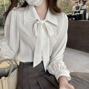 [옷자락]여자 클래식 리본 스트랩 카라넥 쉬폰 흰색 블라우스