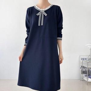 [다잇템]여자 네이비 큰사이즈 리본 프릴넥 롱원피스