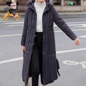 누빔 퀄팅 롱 후드 패딩 리본 원피스 코트 블랙