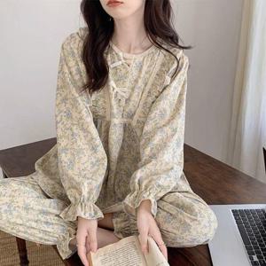 잠옷 파자마 홈웨어 플라워 잔꽃 투피스 긴팔