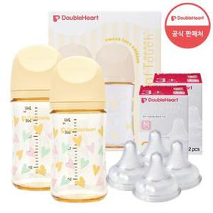 [더블하트] 모유실감3 스윗러브 240ml 트윈팩(젖병2개/노꼭지)+젖꼭지 4개