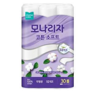 모나리자 코튼 소프트 천연펄프 3겹 고급롤화장지 30롤 2개 / 모나리자 천연펄프 각티슈 200매 3입 X 4개 총 12개