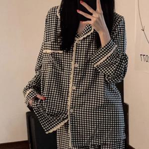 블랙체크 프릴 카라 긴팔 잠옷세트 봄 가을 여성 홈웨어 파자마파티 여행잠옷 상하세트