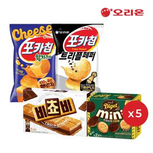포카칩 황치즈 5개 + 스윙칩볶음고추장 5개 + 비쵸비5개 + 다이제미니초코 5개