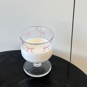 핑크리본 고블렛 유리컵 감성 홈카페 우유컵 디저트컵 브런치잔 260ml