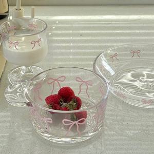 핑크리본 유리 디저트 접시 투명 홈카페 브런치 케이크 과일 플레이트 19cm