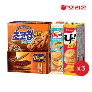 초코칩쿠키3개 + 나 샌드 3개 + 다이제씬 카라멜슈가 3개 + 다이제샌드 우도땅콩 3개