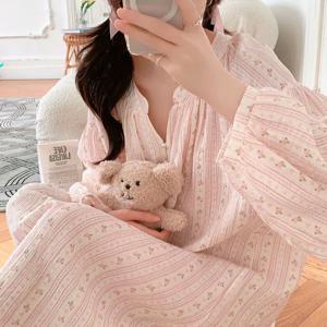여성 핑크 잔꽃 원피스 잠옷 가을 긴팔 면 진주 노카라 임산부 수유 빅사이즈 파자마