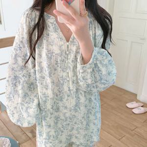 요루면 여성 긴팔 원피스 잠옷세트 에뜨왈 진주 면 노카라 임산부 수유 빅사이즈 파자마
