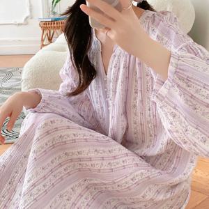 여성 라일락 잔꽃 원피스 잠옷 가을 긴팔 면 진주 노카라 임산부 수유 빅사이즈 파자마