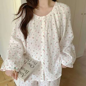 요루면 여성 긴팔 잠옷세트 미니플라워 면 노카라 파자마 가을