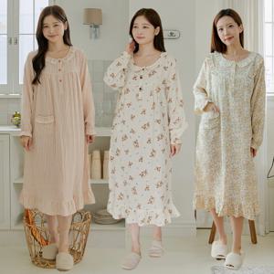 국산 여성 잠옷 원피스 면100 이중직 천연효소가공 레이스 카라 프릴 홈웨어