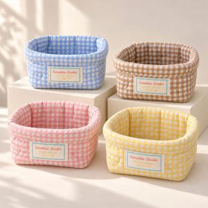 체크 누빔 수납 바스켓 패브릭 수납 미니 소품 정리 바구니 화장품 정리함 4color