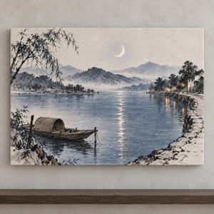 강가 풍경 그림 캔버스 액자 달빛 야경 거실 인테리어 남빛 등불