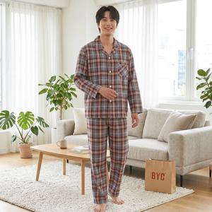 포근하고 편안한 남성 순면 기모 긴팔 파자마 홈웨어