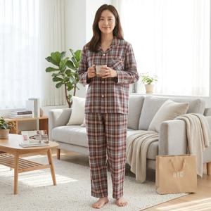 포근하고 편안한 여성 순면 기모 긴팔 파자마 홈웨어