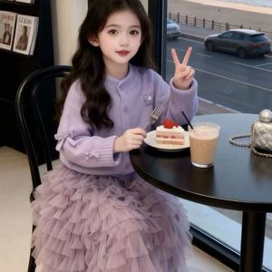 플라워 버튼 니트 가디건 튤 티어드 스커트 셋업 여아치마 치마바지 가을 중학생 R25413