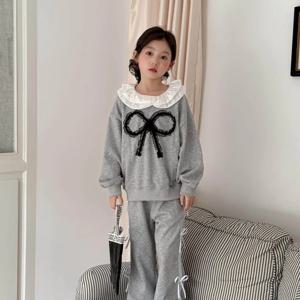 그레이 리본 맨투맨 와이드 팬츠 셋업 여아맨투맨 와이드팬츠 트레이닝복 후드티 R24961