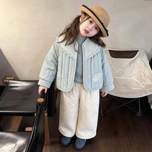 스카이 블루 레이스 카라 누빔 셋업 여아자켓 점퍼 겉옷 겨울 아이보리 기모 R25095