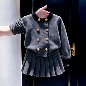 더블 버튼 니트 가디건 플리츠 스커트 셋업 여아치마 치마바지 겨울 차콜 기모 R25090