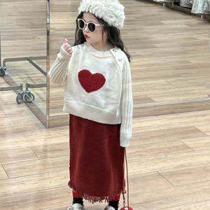 아이보리 하트 니트 레드 코듀로이 스커트 셋업 여아치마 골덴바지 치마바지 겨울 R24836