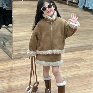 브라운 무스탕 자켓 스커트 셋업 여아치마 무스탕자켓 치마바지 겨울 기모 아동 R24736