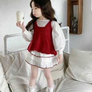 레드 니트 베스트 블라우스 스커트 셋업 여아치마 치마바지 겨울 기모 아동 R24735