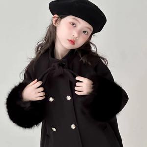블랙 퍼 커프스 더블 버튼 코트 여아코트 겉옷 트렌치코트 울코트 겨울 기모 R24659