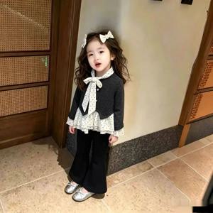 블랙 리본 가디건 레이스 셋업 여아가디건 니트 겉옷 집업 겨울 기모 아동 R24576