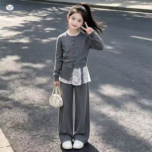레이스 헴 그레이 니트 가디건 셋업 여아가디건 겉옷 집업 니트가디건 겨울 기모 R23968