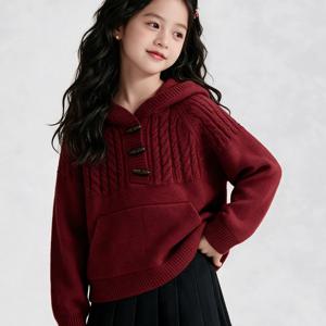 버건디 케이블 후드 니트 여아후드티 후드집업 맨투맨 트레이닝복 겨울 기모 아동 R24182