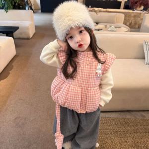 핑크 체크 패딩 베스트 여아조끼 패딩조끼 겉옷 겨울 기모 아동 초등학생 R23660