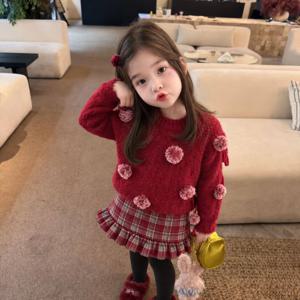 레드 플라워 폼폼 니트 여아니트 스웨터 니트티 가디건 겨울 기모 아동 초등학생 R23656
