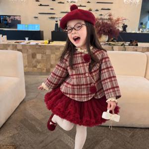레드 체크 폼폼 모직 자켓 여아자켓 점퍼 겉옷 겨울 기모 아동 초등학생 R23654