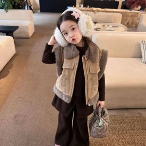 퍼 카라 스웨이드 베스트 여아조끼 패딩조끼 겉옷 겨울 브라운 기모 아동 R23650